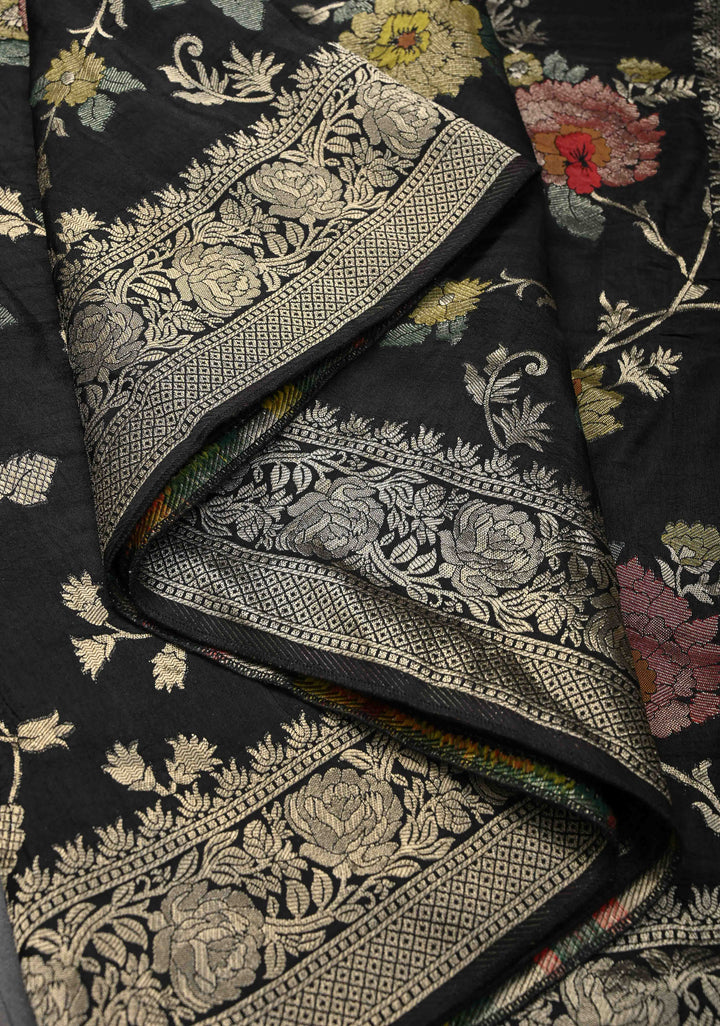 Exquisite Black Viscose Saree with Meenakari Floral Jaal and Zari Border