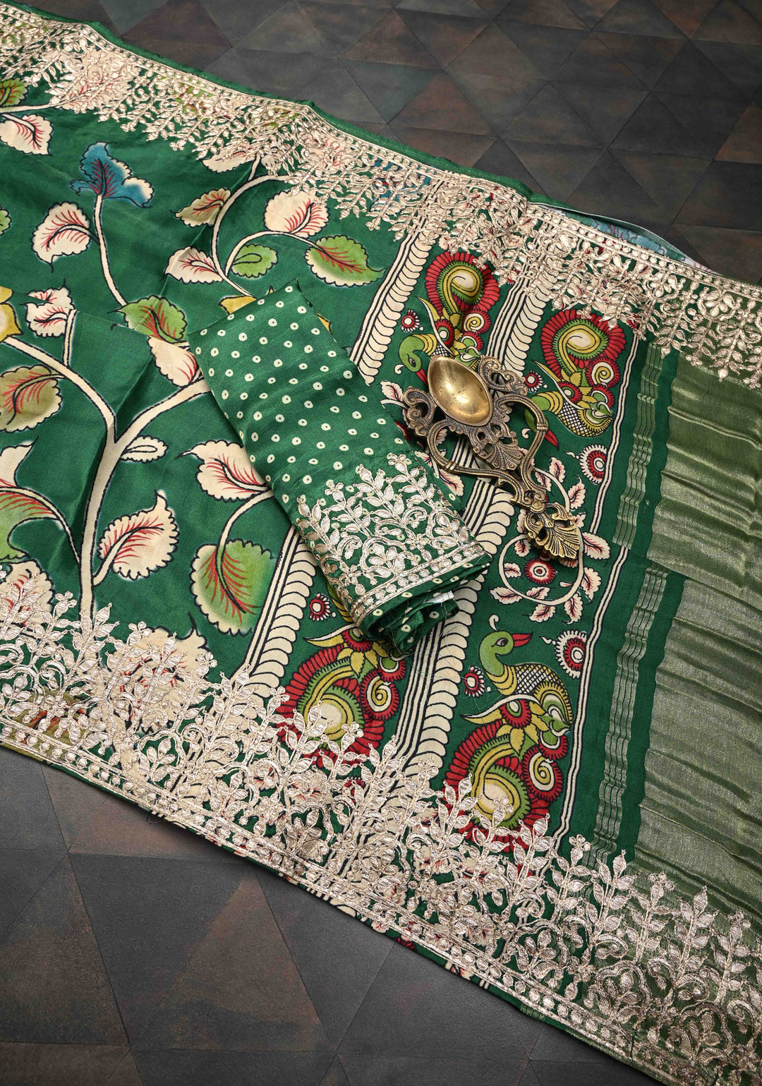 Green Gajji Silk Saree with Gotta Patti Border and Kalamkari Leaf Digital Print