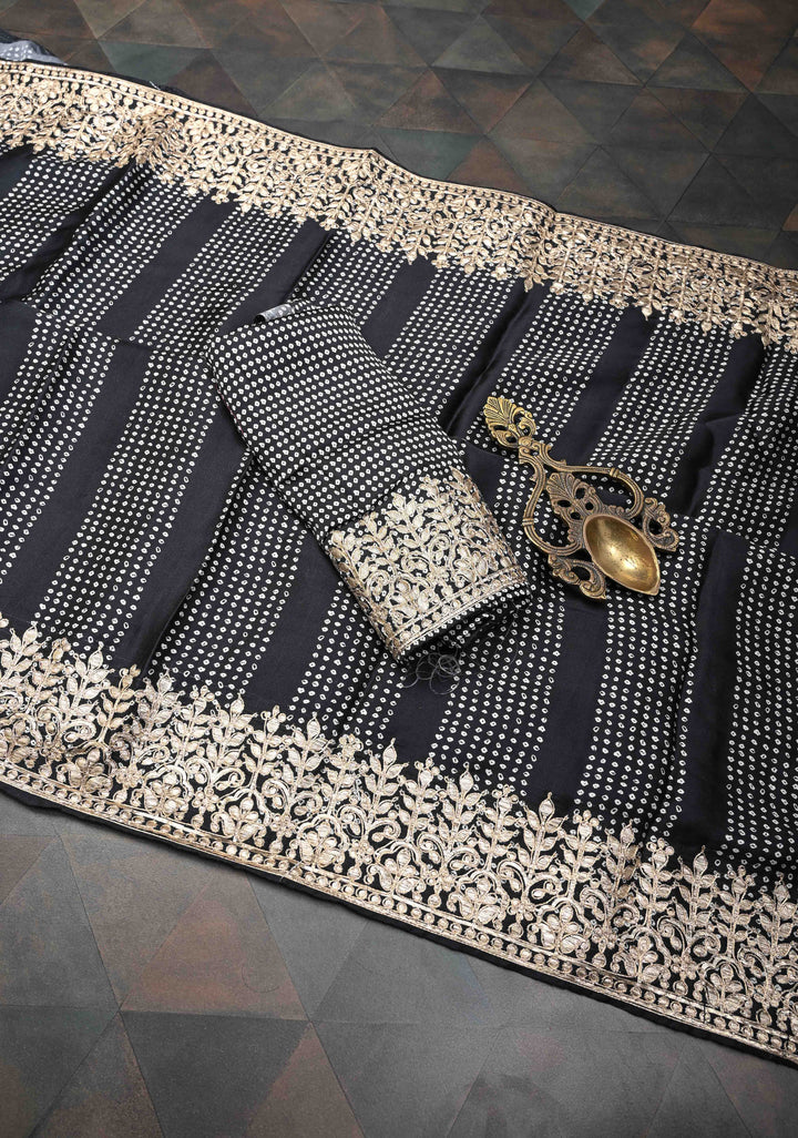 Black Gajji Silk Saree with Bandhini Digital Print and Gotta Patti Border