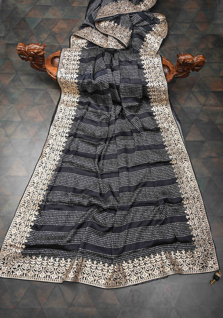 Black Gajji Silk Saree with Bandhini Digital Print and Gotta Patti Border