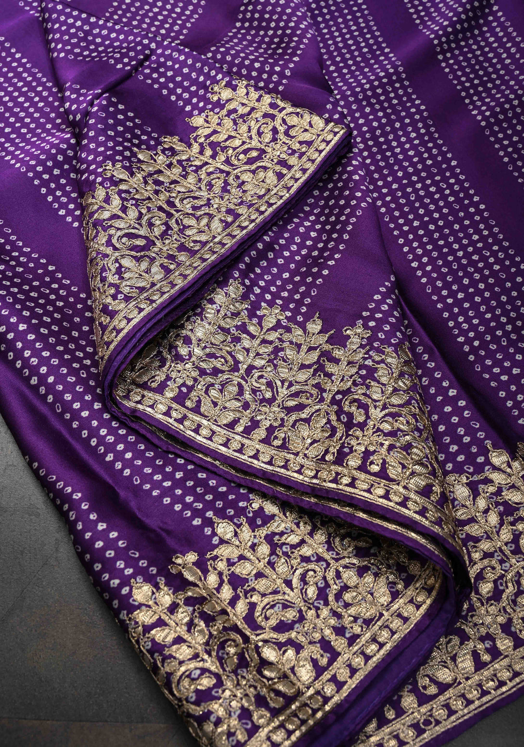 Purple Gajji Silk Saree with  Bandhni Digital Print and Gotta Patti Border