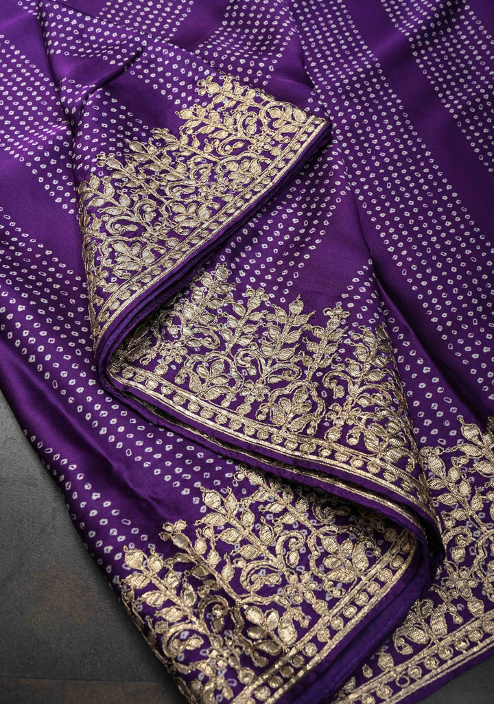 Purple Gajji Silk Saree with  Bandhni Digital Print and Gotta Patti Border