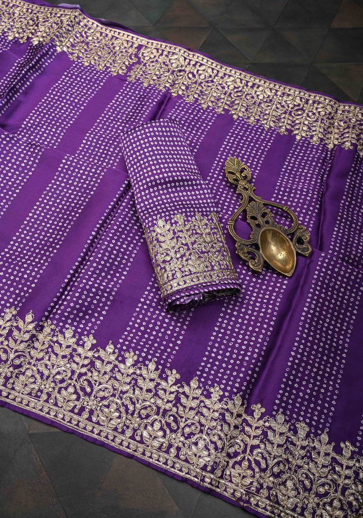 Purple Gajji Silk Saree with  Bandhni Digital Print and Gotta Patti Border