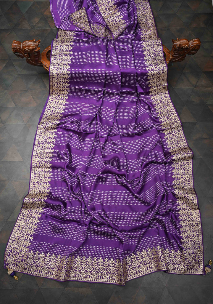 Purple Gajji Silk Saree with  Bandhni Digital Print and Gotta Patti Border