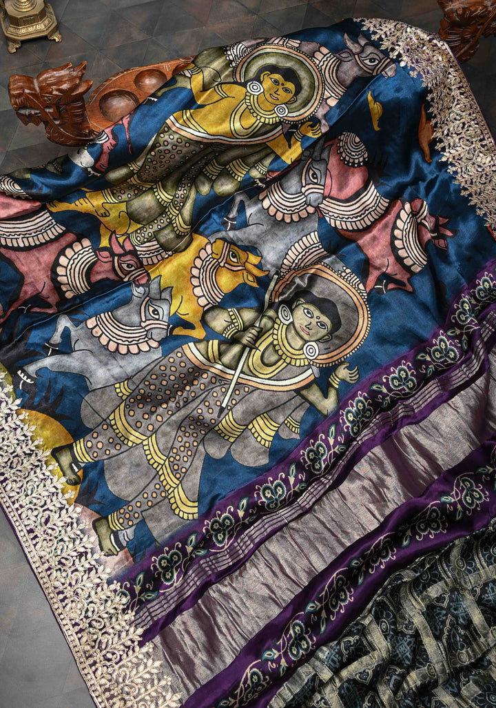 Peacock Blue Gajji Silk Saree with Krishna Pichwai theme Kalamkari Digital Print and Gotta Patti Border
