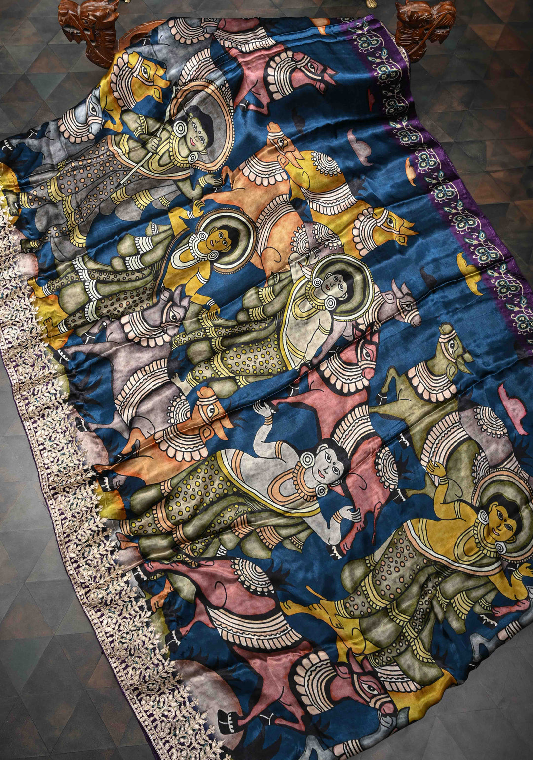 Peacock Blue Gajji Silk Saree with Krishna Pichwai theme Kalamkari Digital Print and Gotta Patti Border