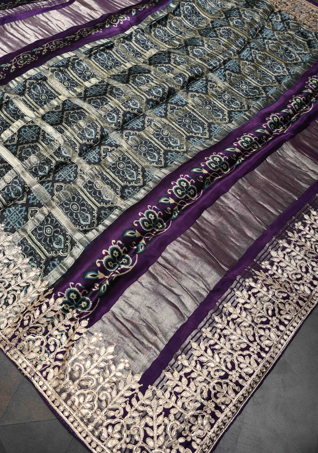 Peacock Blue Gajji Silk Saree with Krishna Pichwai theme Kalamkari Digital Print and Gotta Patti Border