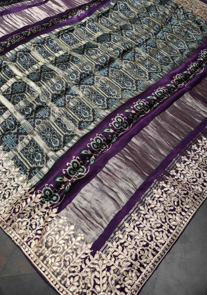 Peacock Blue Gajji Silk Saree with Krishna Pichwai theme Kalamkari Digital Print and Gotta Patti Border