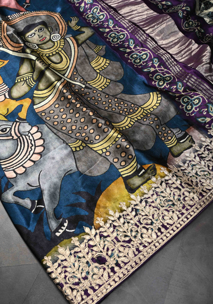 Peacock Blue Gajji Silk Saree with Krishna Pichwai theme Kalamkari Digital Print and Gotta Patti Border