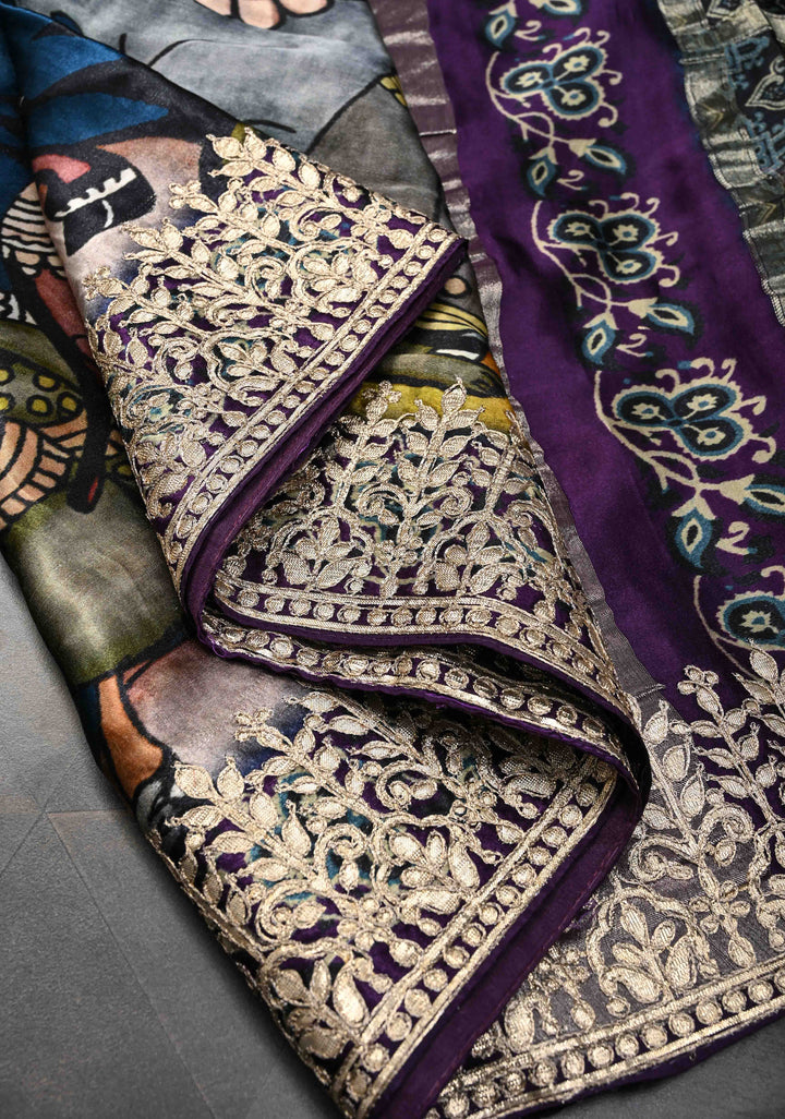 Peacock Blue Gajji Silk Saree with Krishna Pichwai theme Kalamkari Digital Print and Gotta Patti Border