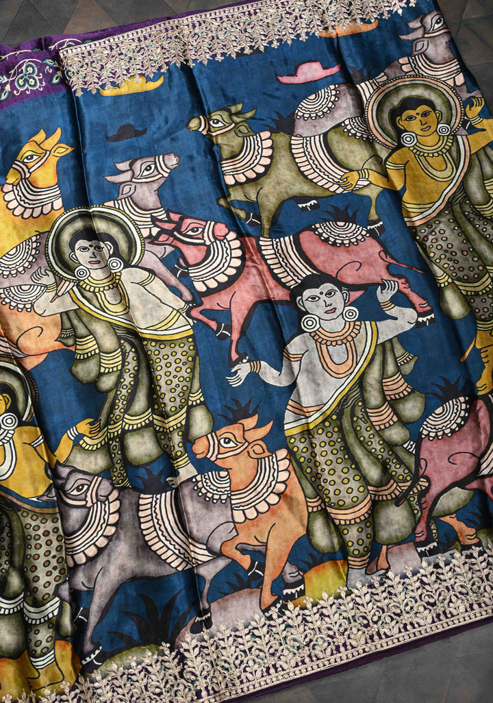 Peacock Blue Gajji Silk Saree with Krishna Pichwai theme Kalamkari Digital Print and Gotta Patti Border