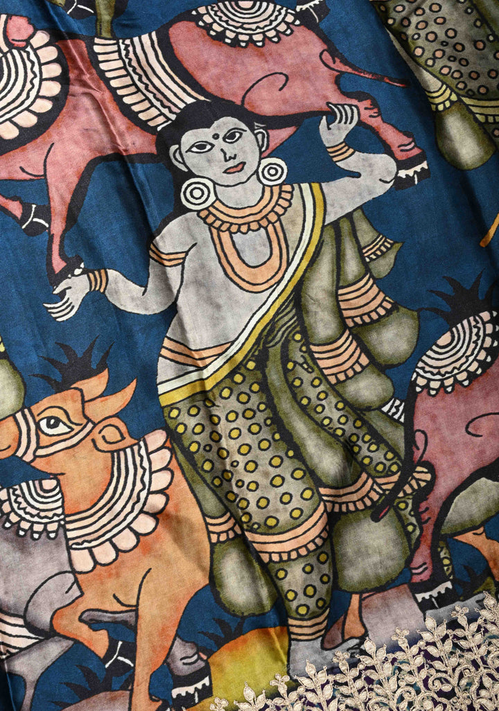 Peacock Blue Gajji Silk Saree with Krishna Pichwai theme Kalamkari Digital Print and Gotta Patti Border