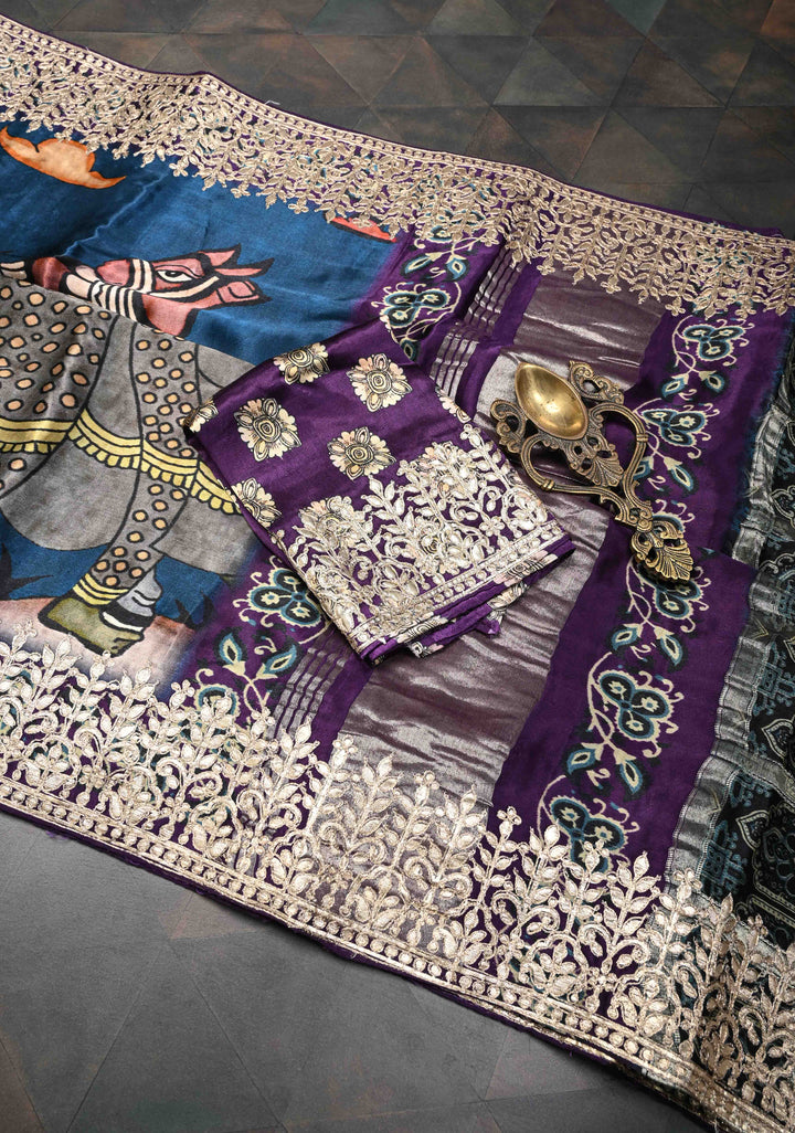 Peacock Blue Gajji Silk Saree with Krishna Pichwai theme Kalamkari Digital Print and Gotta Patti Border