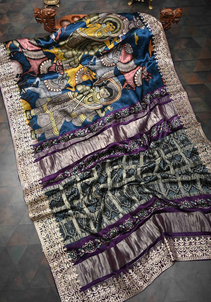 Peacock Blue Gajji Silk Saree with Krishna Pichwai theme Kalamkari Digital Print and Gotta Patti Border