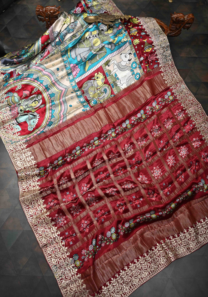 Krishna and Pichwai Theme: Beige Gajji Silk Saree with Kalamkari Digital Print and Gotta Patti Border