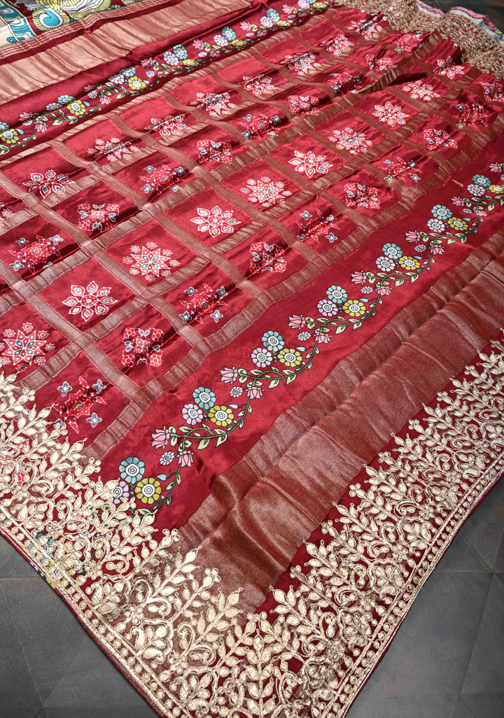 Krishna and Pichwai Theme: Beige Gajji Silk Saree with Kalamkari Digital Print and Gotta Patti Border