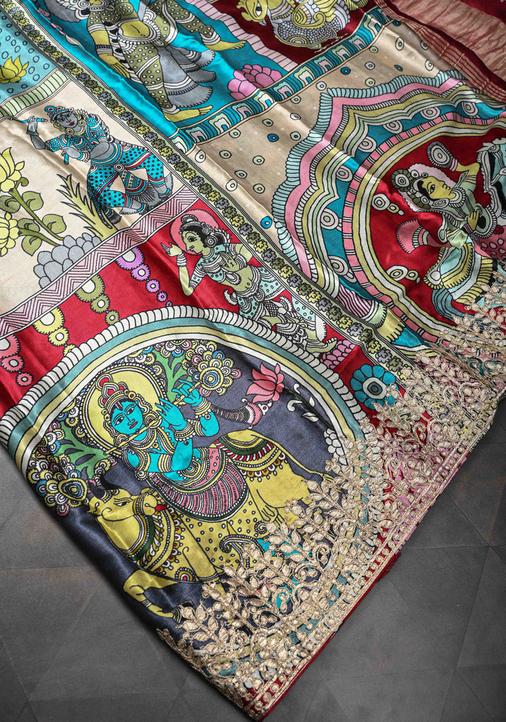 Krishna and Pichwai Theme: Beige Gajji Silk Saree with Kalamkari Digital Print and Gotta Patti Border