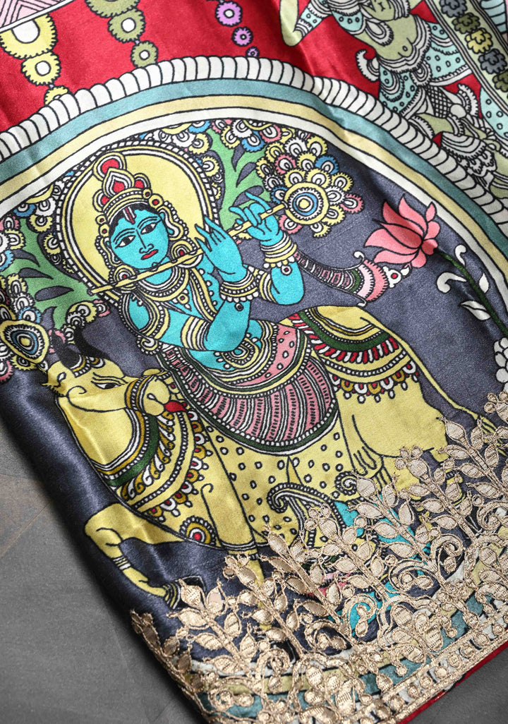 Krishna and Pichwai Theme: Beige Gajji Silk Saree with Kalamkari Digital Print and Gotta Patti Border