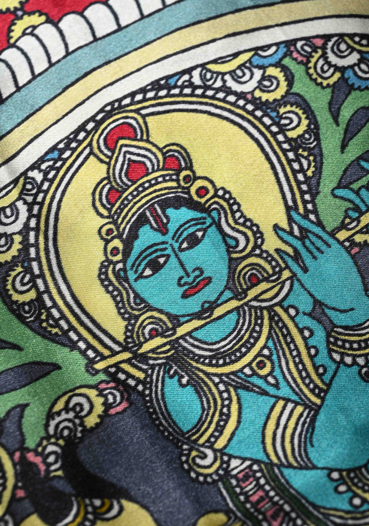Krishna and Pichwai Theme: Beige Gajji Silk Saree with Kalamkari Digital Print and Gotta Patti Border