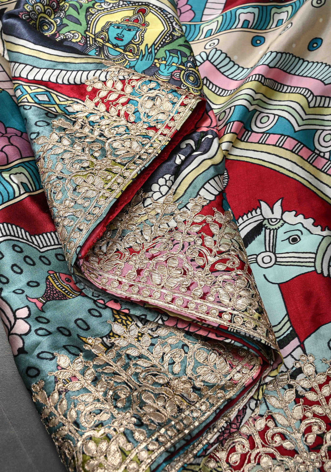 Krishna and Pichwai Theme: Beige Gajji Silk Saree with Kalamkari Digital Print and Gotta Patti Border