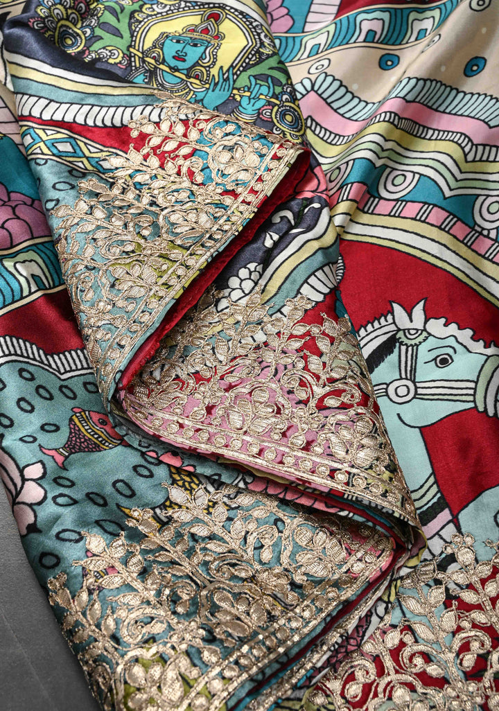 Krishna and Pichwai Theme: Beige Gajji Silk Saree with Kalamkari Digital Print and Gotta Patti Border