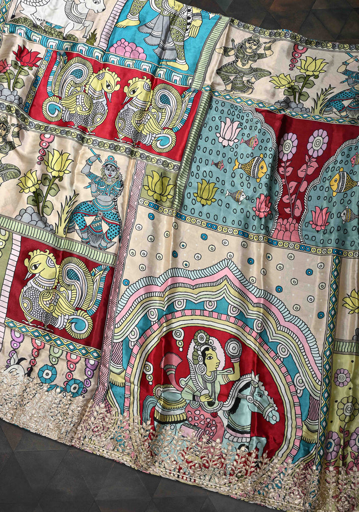 Krishna and Pichwai Theme: Beige Gajji Silk Saree with Kalamkari Digital Print and Gotta Patti Border