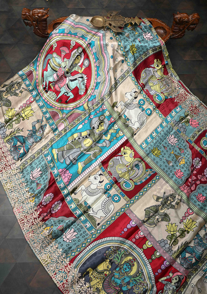 Krishna and Pichwai Theme: Beige Gajji Silk Saree with Kalamkari Digital Print and Gotta Patti Border