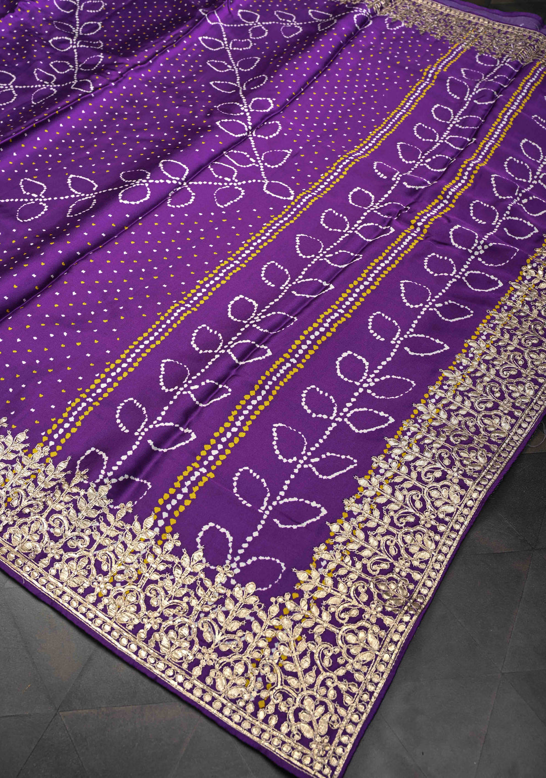 Purple Gajji Silk Saree with Bandhani , Zig Zag Leaf Vines Digital Print and Gotta Patti Border