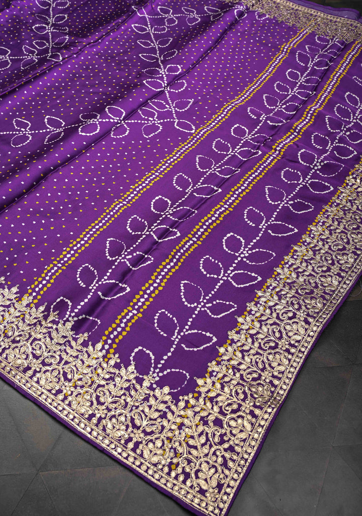 Purple Gajji Silk Saree with Bandhani , Zig Zag Leaf Vines Digital Print and Gotta Patti Border