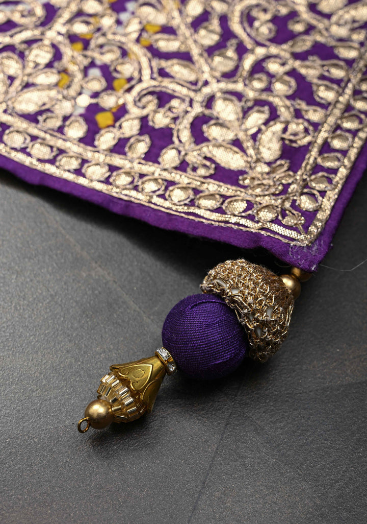 Purple Gajji Silk Saree with Bandhani , Zig Zag Leaf Vines Digital Print and Gotta Patti Border