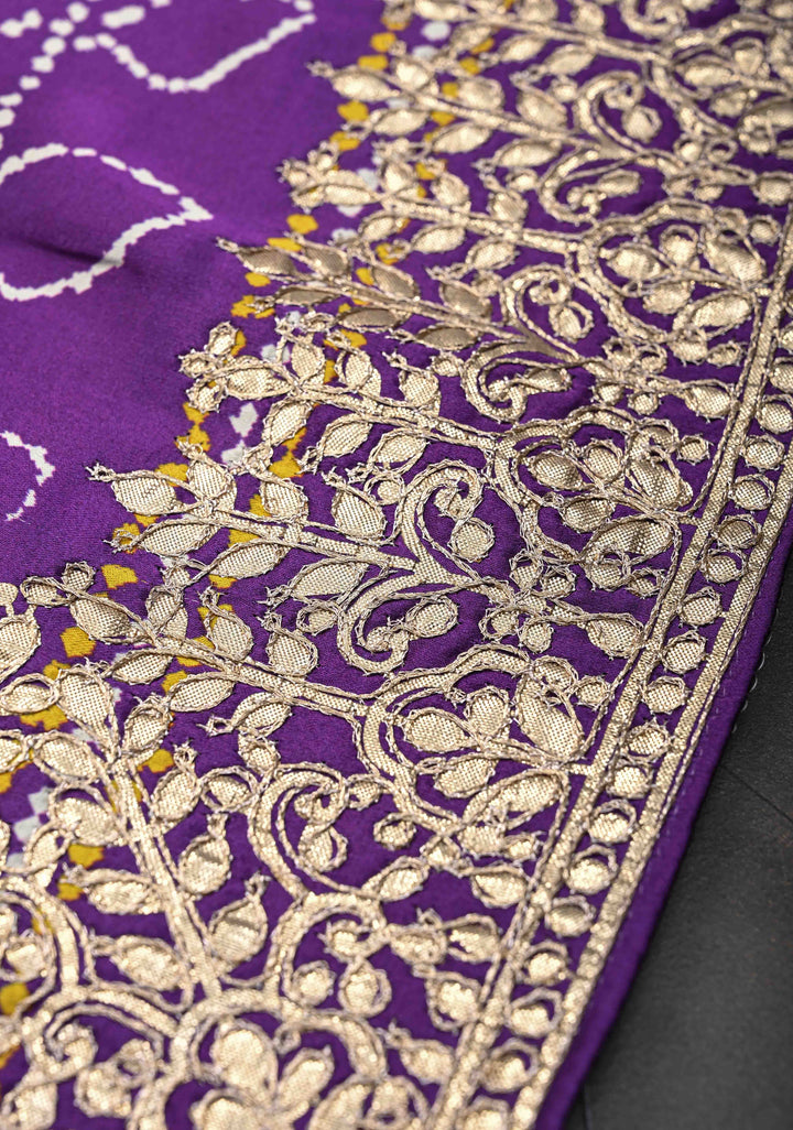Purple Gajji Silk Saree with Bandhani , Zig Zag Leaf Vines Digital Print and Gotta Patti Border