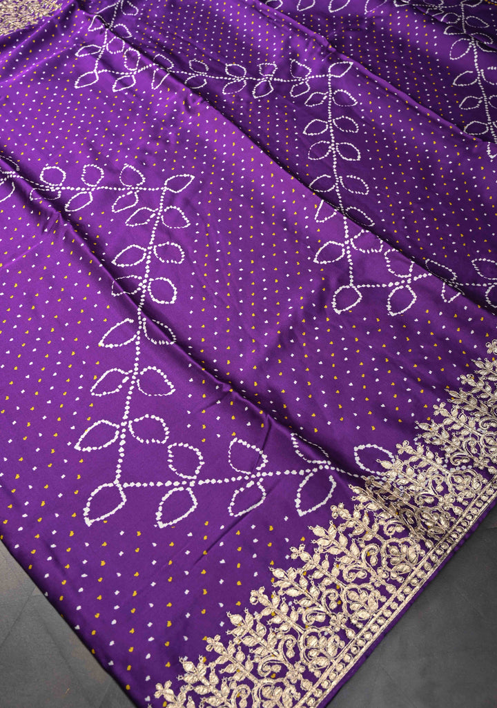 Purple Gajji Silk Saree with Bandhani , Zig Zag Leaf Vines Digital Print and Gotta Patti Border