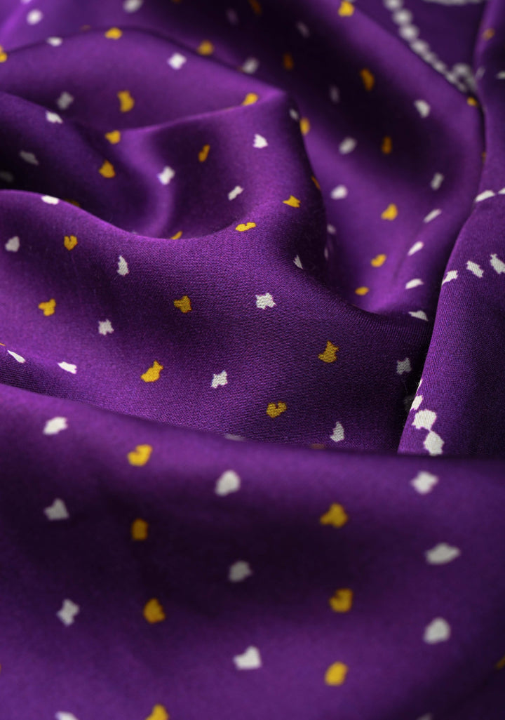 Purple Gajji Silk Saree with Bandhani , Zig Zag Leaf Vines Digital Print and Gotta Patti Border