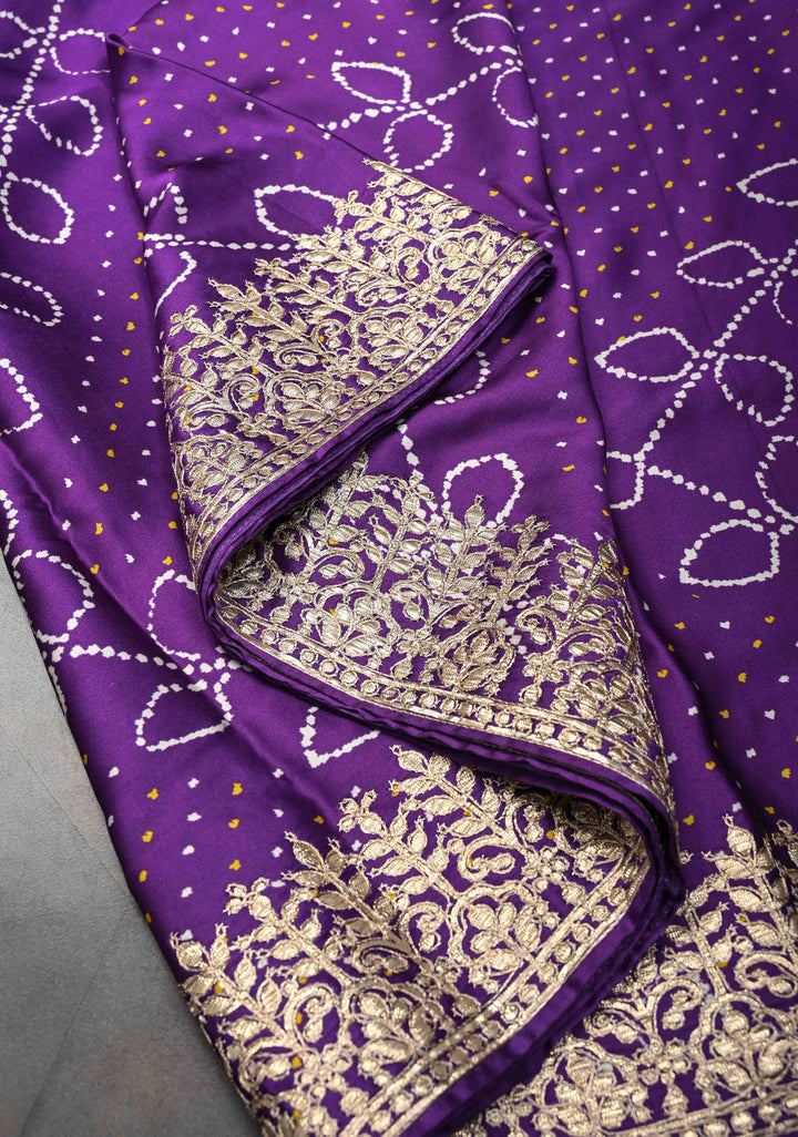 Purple Gajji Silk Saree with Bandhani , Zig Zag Leaf Vines Digital Print and Gotta Patti Border