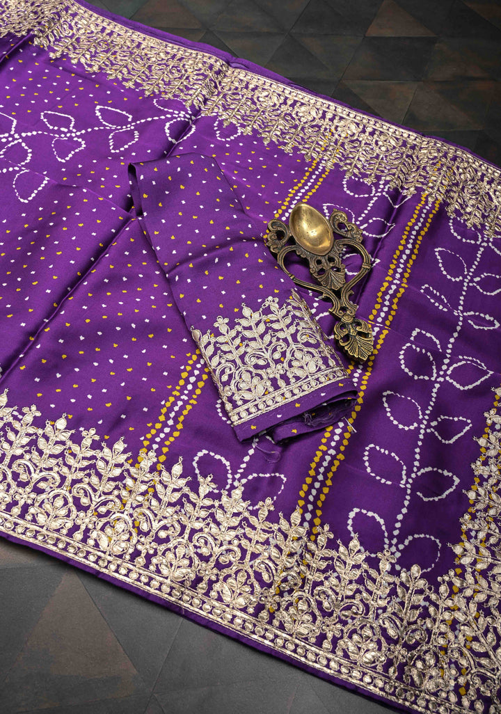 Purple Gajji Silk Saree with Bandhani , Zig Zag Leaf Vines Digital Print and Gotta Patti Border