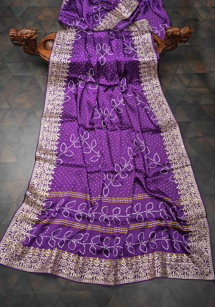 Purple Gajji Silk Saree with Bandhani , Zig Zag Leaf Vines Digital Print and Gotta Patti Border