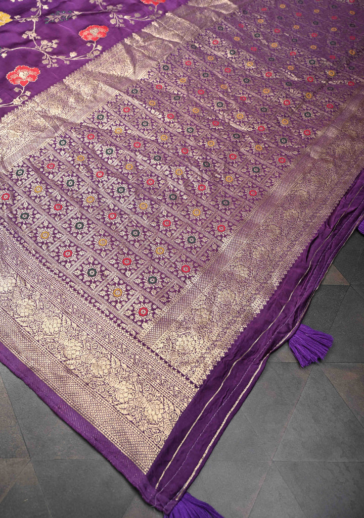 Purple Viscose Saree with Meenakari Floral Jaal and Zari Border