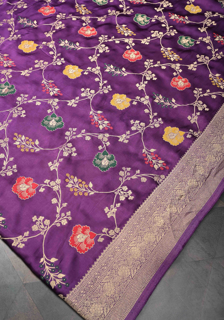 Purple Viscose Saree with Meenakari Floral Jaal and Zari Border