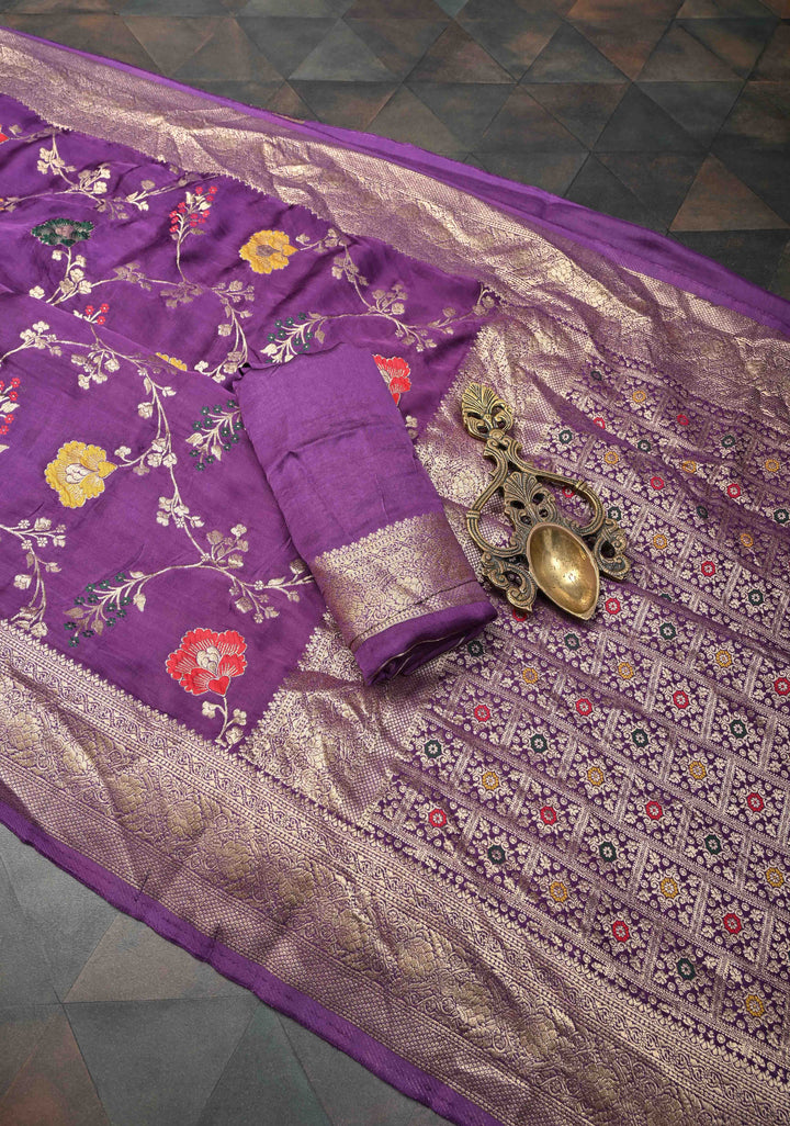 Purple Viscose Saree with Meenakari Floral Jaal and Zari Border