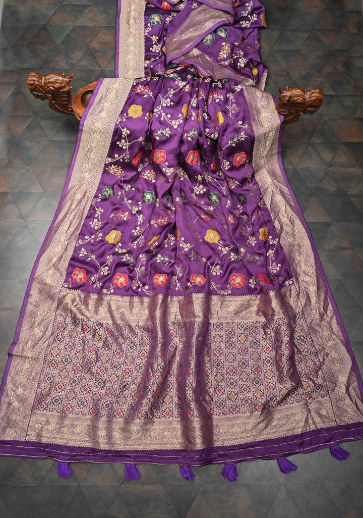 Purple Viscose Saree with Meenakari Floral Jaal and Zari Border