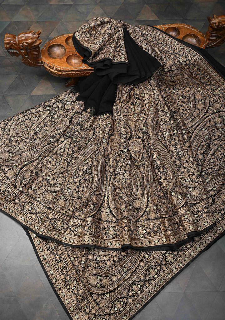 Black Georgette Saree With Paisley Embroidery & Stone Work On Half Border