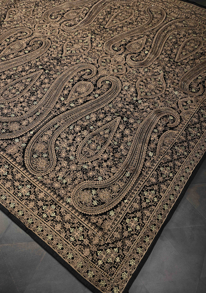 Black Georgette Saree With Paisley Embroidery & Stone Work On Half Border