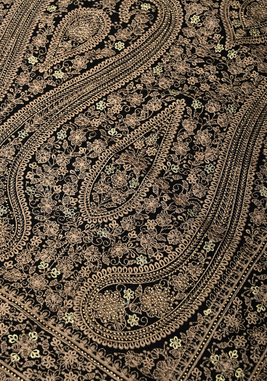 Black Georgette Saree With Paisley Embroidery & Stone Work On Half Border