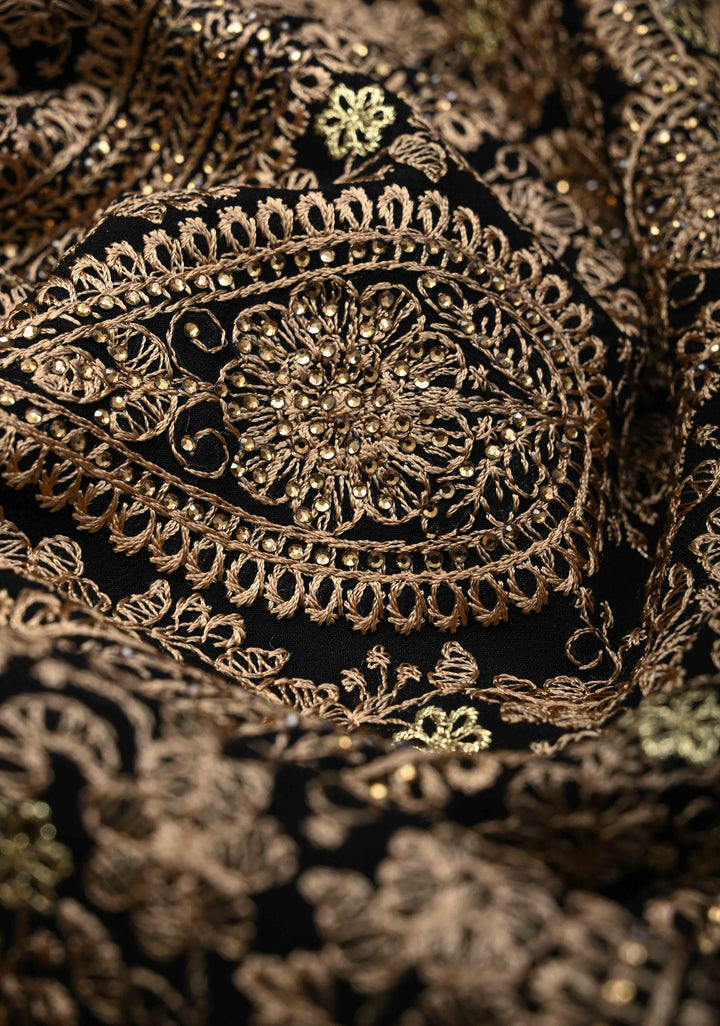 Black Georgette Saree With Paisley Embroidery & Stone Work On Half Border