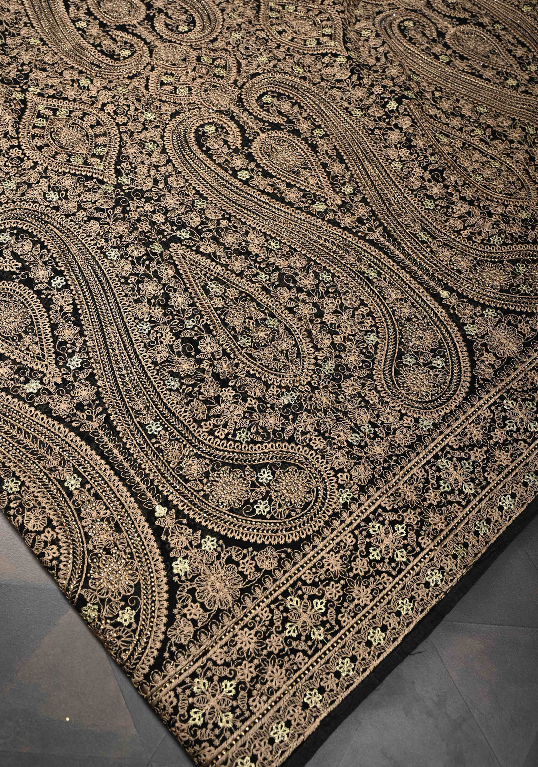 Black Georgette Saree With Paisley Embroidery & Stone Work On Half Border