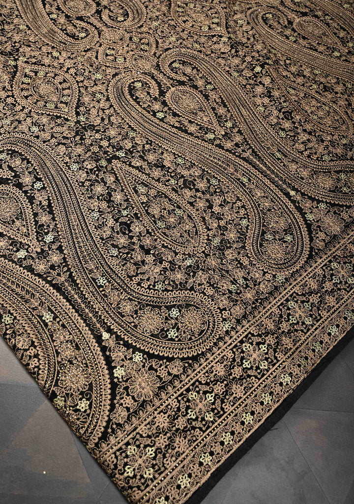 Black Georgette Saree With Paisley Embroidery & Stone Work On Half Border