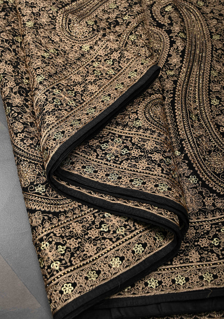 Black Georgette Saree With Paisley Embroidery & Stone Work On Half Border
