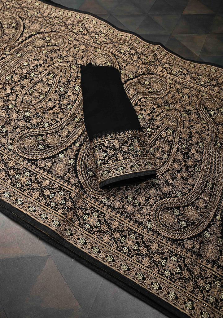 Black Georgette Saree With Paisley Embroidery & Stone Work On Half Border