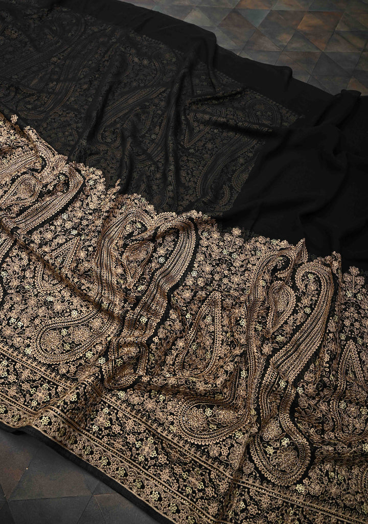 Black Georgette Saree With Paisley Embroidery & Stone Work On Half Border