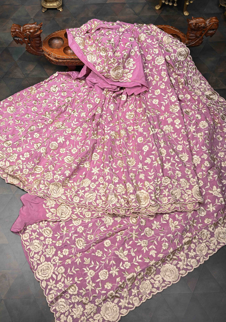 Georgette Saree in Dusty Pink with Ivory Floral Jaal Embroidery
